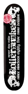 Rollersnakes Cro-Mag skateboard deck: Black deck with white gothic blackletter text running lengthways, with a skull at each end and a red round 1985 badge near the top. Strapline text sits either side of the main lettering.