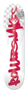 Rollersnakes Checkerd Tag skateboard deck: White deck with the brand name in large red graffiti-style brush lettering running down its length, with paint drips, a grey checkerboard patch and a small round seal at the top.