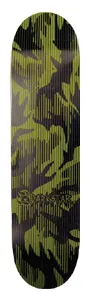 Darkstar Darkstar Camo skateboard deck: A camouflage pattern in olive green and black with fine vertical lines through it, and a Darkstar logo in the lower middle.