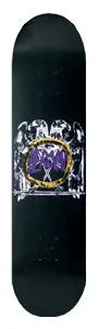 Heroin Black Eagle skateboard deck: Heraldic black and white double-headed eagle holding a gold-yellow wreath enclosing purple lettering, on a black deck.