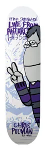 Heroin Pulman skateboard deck: Cartoon figure with grey head, glasses and purple striped sweater giving a peace sign, set against a pale blue icy mountain landscape. Purple lettering reads 'Live From Antarctica' and the rider's name.