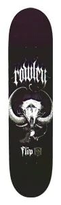 Flip Rowley Cock Kill skateboard deck: Horned animal skull with large curling horns and a small bird below, drawn in grey tones on a dark deck. Rowley name in blackletter lettering at the top, Flip logo near the bottom.