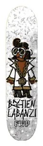 Flip Salabanzi Staredu Deck7.75 skateboard deck: Cartoon character with sunglasses, afro-style hair and a moustache, wearing a white collared jacket and a large gold chain with a B medallion, on a sparkly silver background. Name in graffiti lettering with Flip logo.