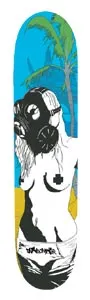 Unabomber Gas-Girl skateboard deck: Illustration of a topless woman in a black gas mask and pasties, white underwear and long hair, against a palm tree, blue sky and yellow sand. Black and white figure with flat colour backdrop and a small signature-style logo at the bottom.