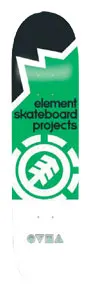 Element Neon Earth skateboard deck: White deck with a green panel with a jagged edge over a black top, carrying 'element skateboard projects' in black lowercase type above a white Element tree emblem in a ring. Small lettering near the tail.