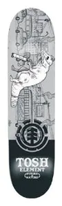 Element Townend Ext skateboard deck: A grey pen-style illustration of a pig-like animal lying on its back in front of buildings, with a black lower section holding the Element tree logo and rider name.