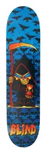 Blind Blackbird skateboard deck: A grinning skull-faced reaper in a dark hood holds a scythe and an hourglass, against a wall of blue skulls with black bats flying across the top. Flame-style Blind logo at the bottom.