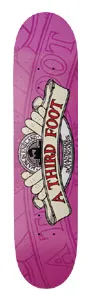 Third Foot Crest skateboard deck: A cream scroll banner reading A THIRD FOOT held by a hand in front of a circular seal, over faint pink line-work lettering on a purple-pink deck.