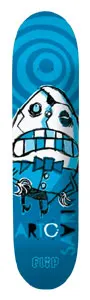 Flip Saari Cracked skateboard deck: Blue deck with a cartoon cracked Humpty Dumpty-style egg with bared teeth and a bow tie, over concentric target circles. Rider name across the lower part with the Flip logo at the tail.