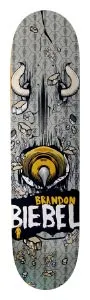 Girl Beibel Bee-Bull skateboard deck: A bull's face bursting through a cracked wall, with two cream horns, a gold nose ring and flying rubble, set on a grey diamond-patterned background. A black band with the rider's name sits across the lower end.