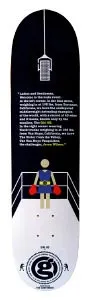 Girl Wilson Contender skateboard deck: A small figure in blue shorts and red boxing gloves stands in a white-cornered boxing ring beneath a hanging microphone, on a navy deck. A block of ring-announcer text sits above, and a round Girl logo is at the tail.