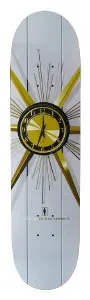 Girl Mccrank Interiors skateboard deck: A clock face with a gold and black dial and gold radiating rays and thin lines, on a pale grey deck with vertical panel lines. A small Girl logo and rider name sit below.