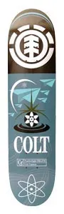 Element Colt Helium skateboard deck: The Element tree logo in white on a dark brown top, above a blue-grey panel with paper planes, a flower in a ripple, the rider name and an atom symbol.