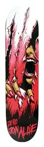 Zero Allie Slasher skateboard deck: Red and black illustration of a screaming figure bursting through torn white paper, with long red claws ripping the surface, and 'Zero' and 'Jon Allie' in red lettering at the bottom.
