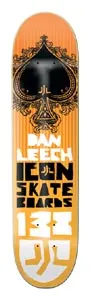 Icon Ace Leech skateboard deck: Orange to white fading deck with a black ornate ace of spades at the top, above stacked white and black blocky lettering and the number 133 over the Icon logo.
