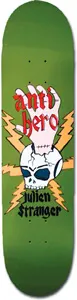 Anti Hero Search Stranger skateboard deck: A pale severed hand with the brand name across it rises from a skull with blue-lensed shades, surrounded by orange lightning bolts, on a green deck. Rider name in black script at the bottom.