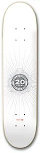 Rollersnakes Rs Platinum skateboard deck: Plain white deck with a grey and black circular medallion marked 20 at the centre, with fine radiating lines around it and tiny text near the tail.