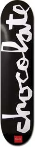 Chocolate Brenes Chunk skateboard deck: Large white hand-lettered brand name running up a black deck in rough brush capitals, with a small red logo square at the bottom.