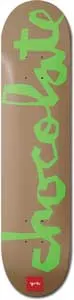 Chocolate York Chunk skateboard deck: Tan deck with the Chocolate name in large, rough hand-drawn lime green lettering running the length of the deck, and a small red logo near the tail.