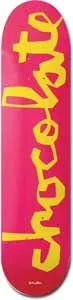 Chocolate Johnston Chunk skateboard deck: Large yellow hand-lettered chocolate wordmark running vertically up a hot pink deck, with a small signature at the bottom edge.