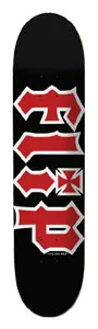 Flip Hkd Black skateboard deck: Black deck with the Flip logo in red gothic lettering outlined in white, with an iron cross replacing the dot. Logo runs down the length of the deck.