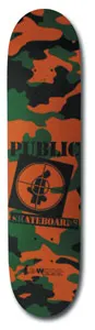 Public Team Camo skateboard deck: An orange, green and black camouflage pattern across the deck, with a black crosshair-and-figure logo in a square and the words PUBLIC SKATEBOARDS in black lettering.