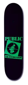 Public T4 Series skateboard deck: Green logo on black: PUBLIC lettering above a tilted square with crosshairs framing a small seated figure, and a SKATEBOARDS banner below, in the style of a hip-hop crosshair logo.