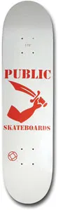 Public Barrymore2 skateboard deck: A white deck with PUBLIC in red stencil capitals above a red illustration of an arm holding a curved sword. SKATEBOARDS is in red below, with a small circular logo near the tail.