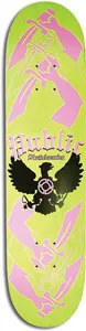 Public Piracy skateboard deck: A black heraldic eagle with a circular emblem on its chest sits under gothic Public lettering, with repeated pink hands holding swords above and below. Pale lime green background.