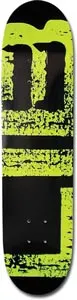 Alien Workshop Dill Living skateboard deck: Large grungy block letters in black on a lime green photocopied-texture background, cropped heavily so the shapes read as abstract slabs of type across the deck.
