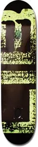 Lib Tech Og Construction skateboard deck: Large distressed block lettering in yellow-green over dark brown, partly cropped and cracked-looking, filling the whole deck. Letters are hard to make out.