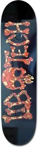 Lib Tech Tendon skateboard deck: Black deck with bold lettering formed from orange-red bones, with a skull in the middle of the word. The text is hard to read at this size.