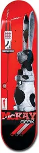 Seek Mckay Rabbit skateboard deck: A grey-and-white spotted rabbit sits upright on a red deck, with a small telephone-style device and wiring at the upper left. Large lettering reads McKay Seek, over black and red stripes.