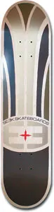 Seek Classic Logo skateboard deck: Symmetrical arched design in cream, grey and dark blue-black panels, with a circular emblem containing a red cross and SEEK SKATEBOARDS lettering near the tail.