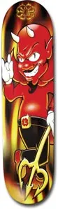 Lucky Full Devil skateboard deck: A grinning cartoon red devil with horns, making a rock-on hand sign and holding a golden trident, against a fiery black, red and yellow flame background.