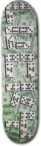 Lucky Dominoes skateboard deck: Rows of white dominoes scattered over a background of green US dollar banknotes.