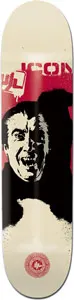 Icon Vlad Rogue skateboard deck: A stencil-style black and white face with fangs and slicked hair, split by a black shadow, set against red blocks and spray splatter on a cream deck, in the style of a vampire film still. An Icon logo is at the top and a red circular emblem at the bottom.
