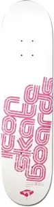 Icon Stamp Olive skateboard deck: White deck with large pink stencil-style rounded lettering stacked diagonally, reading the brand name and skateboards, with a small pink logo near the tail.
