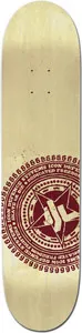 Icon Stamp Burgundy skateboard deck: A cream deck with a large burgundy circular stamp-style emblem at the lower half, with a star and hand symbol at the centre surrounded by rings of small text. It is cropped off the right edge.