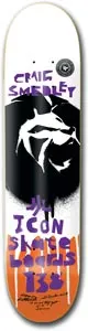 Icon Smedley Lion Sten skateboard deck: White deck with a black stencilled animal head, like a roaring lion, in the middle. Purple hand-drawn lettering above and below, a signature at the bottom and an orange paint-streaked band at the base.