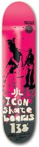 Icon Skate Stopper skateboard deck: Hot pink deck with a black and pink stencil-style image of two figures, one leading the other, over splatter. Cream hand-lettered Icon Skateboards and 138' at the bottom, with a small Icon logo.
