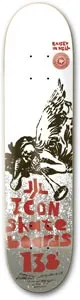 Icon Angel Of Death skateboard deck: White deck with a brown-black drawing of a winged angel blowing a trumpet over a silver speckled band. Large red hand-lettered Icon Skateboards text and the number 138 run across the lower half.