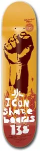 Icon Solidarity skateboard deck: Large dark red and brown stencil-style raised fist over orange, with flame-like marks beneath, and Icon Skateboards in blocky white lettering with the number 138 at the bottom.