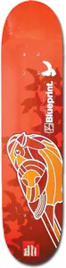 Blueprint Plumage Baines skateboard deck: Orange-red deck with a white-outlined, orange-filled stylised bird's head and shadowy silhouettes of birds in flight behind. A white bird and the Blueprint logo sit to the right.