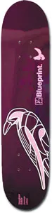 Blueprint Plumage Kennedy skateboard deck: Outlined crow or raven perched in white and pale pink line art on a deep purple background, with the Blueprint logo and a small bird silhouette at upper right.