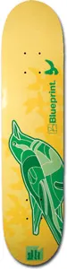 Blueprint Plumage Palmer skateboard deck: Outlined green bird in line art diving across a yellow deck with faint paler bird silhouettes behind, plus the Blueprint logo and small bird mark at upper right.