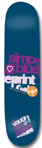 Blueprint Apprec Baker skateboard deck: Typographic graphic on a dark teal deck: overlapping cut-off letters in purple and white spelling out names, with a small heart outline and an orange circular Blueprint logo.