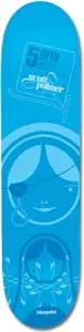 Blueprint Matryos Palmer skateboard deck: Monochrome blue deck with a stylised girl's face wearing an eyepatch and a tear, above a smaller figure with braids and floral detail. A small flag graphic at the top carries the rider name.