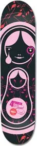 Blueprint Matryos Baines skateboard deck: Black deck with a pink nested-doll figure, a stylised girl with a teardrop and a monocle, over a smaller doll in the belly. Pink and red floral motifs surround it, and a small round logo sits at the lower centre.