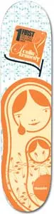 Blueprint Matryos Kenned skateboard deck: White deck with a pale blue leaf pattern at the top and a large orange nesting-doll figure with a teardrop and a smaller doll in its belly. A small orange label with script lettering sits at the top.